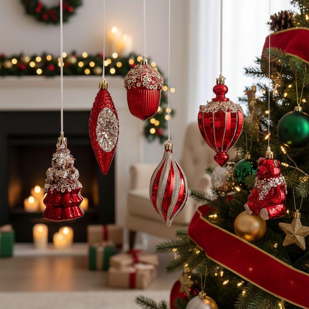 Red Christmas Tree Pendants Shatterproof Plastic Glitter Little Bear Ornaments DIY Crafts Acorn Christmas Hanging Balls