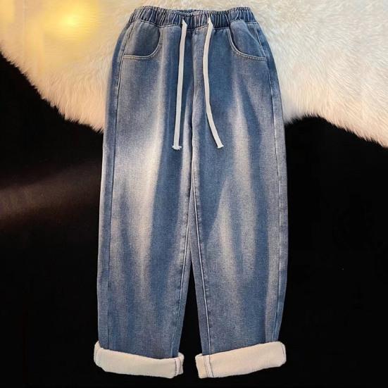 Jean d'hiver pour femme taille mi-haute élastique avec cordon de serrage réglable et poches, couleur unie, doublure en peluche épaisse, pantalon chaud