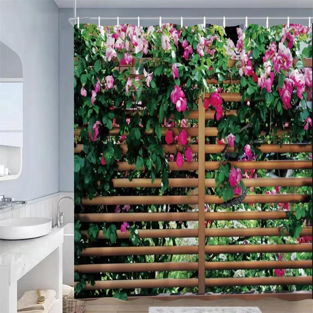 European Landscape Shower Curtains Purple Flowers Plants Blue Wooden Door Vintage Mediterranean Style Bathroom Decor with Hooks