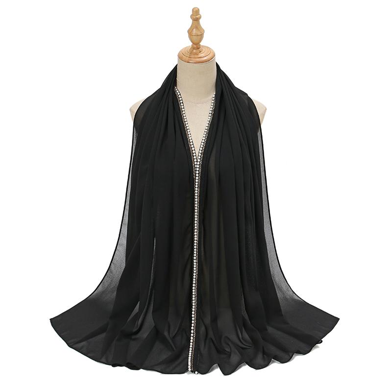 New Ramadan Chiffon Hijab Scarf With Pearls Beads Muslim Hijab With Chain Solid Long Shawls Headscarf Wraps Islamic Headband
