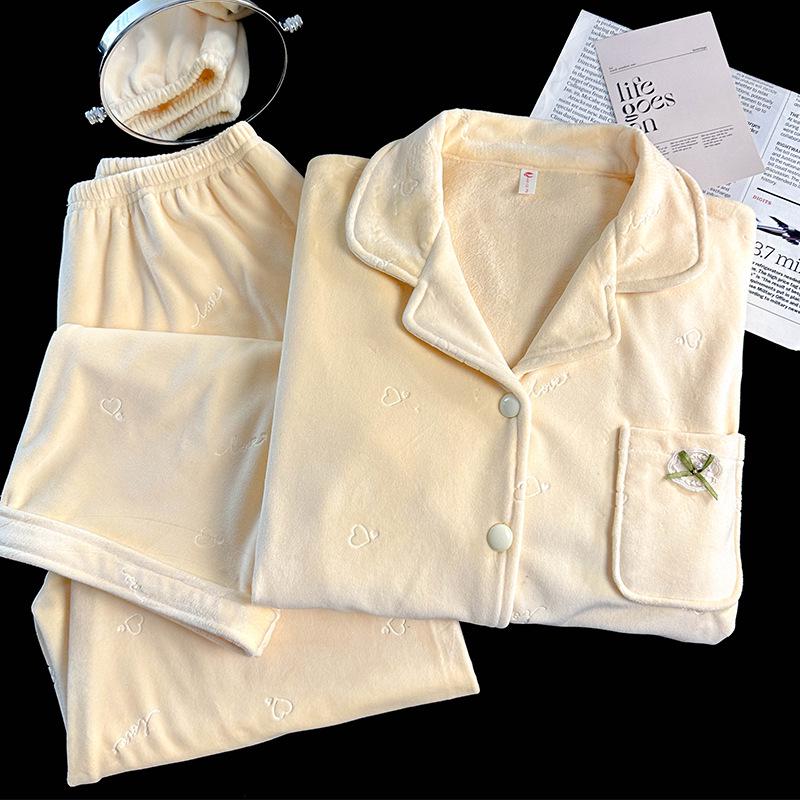Women's Cozy Fleece Cardigan Pajama Set - Warm Coral Fleece for Autumn/Winter