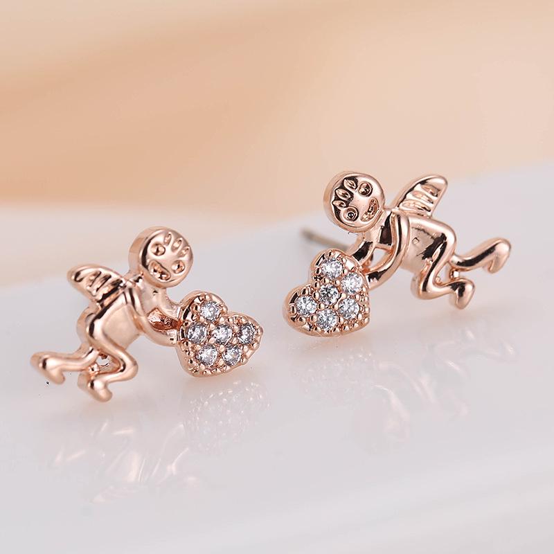 Angel Doll Heart Stud Earrings with Rhinestones – Cute Girl s Love Heart Earrings золотой