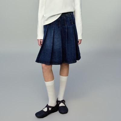 ELLE KIDS Girls' Retro College Style Pleated Denim Skirt