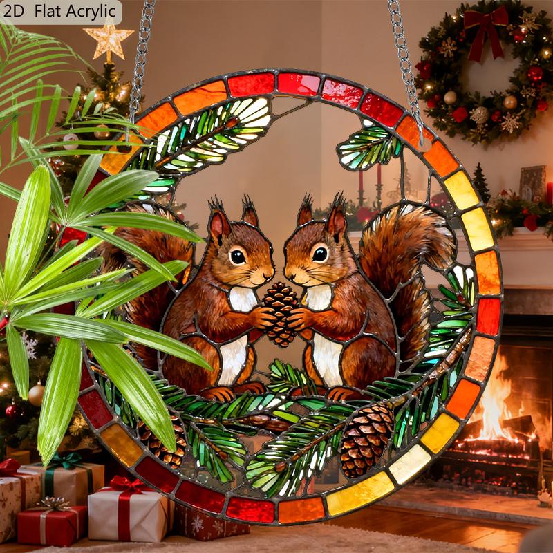 Acrylic Pair of Squirrels with Pinecone Suncatcher Stained Glass Effect Window Hanging Ornament Autumn Forest Themed Gift for Home