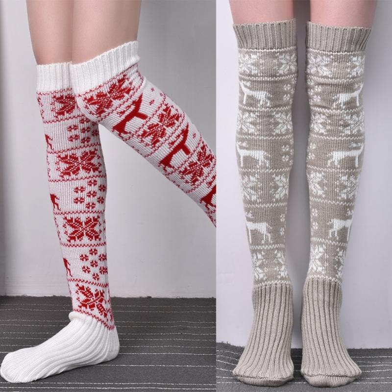 Christmas Festival Patterned Thigh High Socks Womens Winter Fashion Knitted Over Knee Long Stockings Leg Warmers Hosiery
