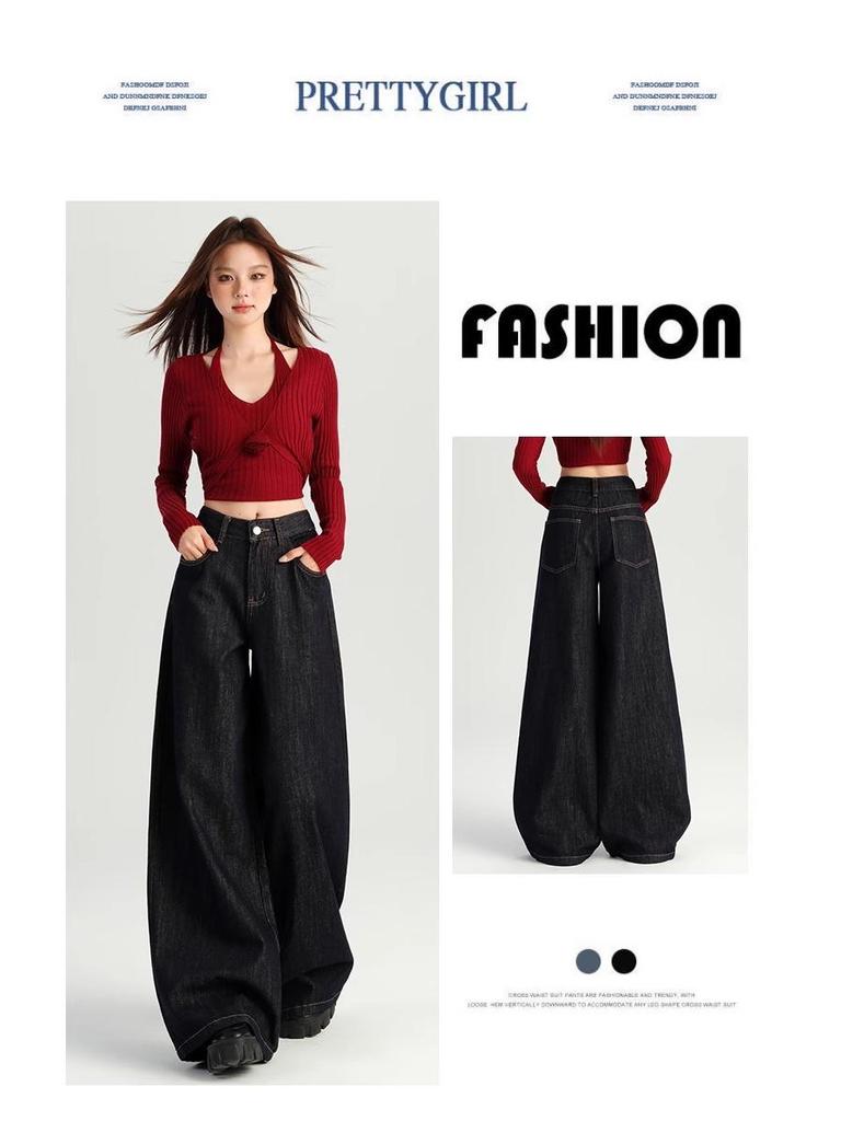 Damen 2024 Herbst Dunkelblaue High-Waist Wide-Leg Jeans - Bodenlang, Lockere Passform.