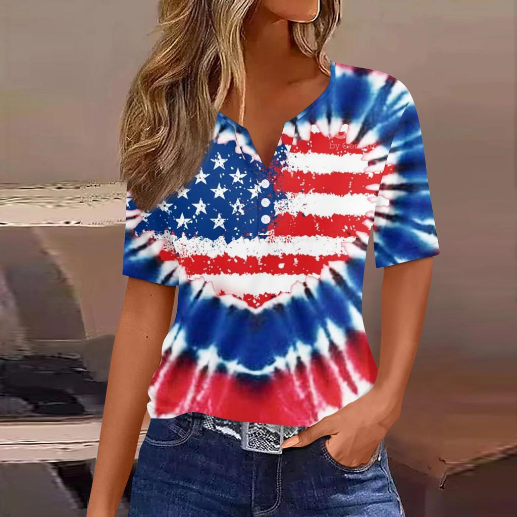 Camiseta Feminina Casual Moda Dia da Independência Estampa Bandeira Americana Listras e Estrelas Gola V Manga Curta Botões Decorados