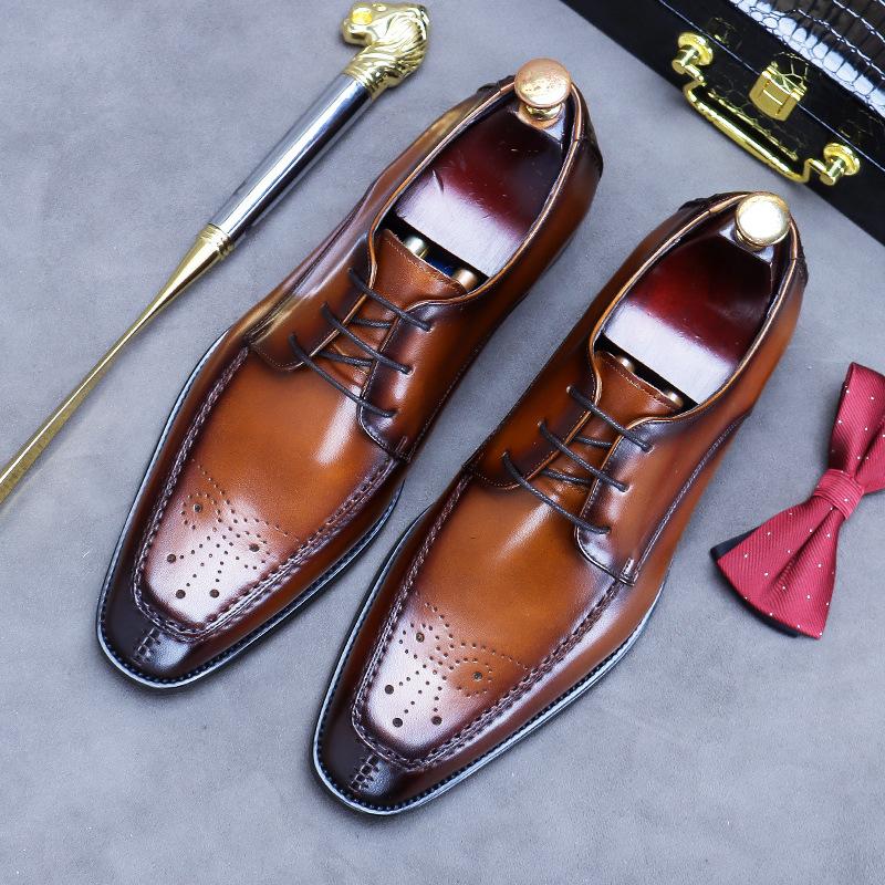 Luxury Mens Business Genuine Leather Shoes Fashion Wedding Oxfords Lace-up Pointed Toe Black Green Coffee Brogues Dress Shoes