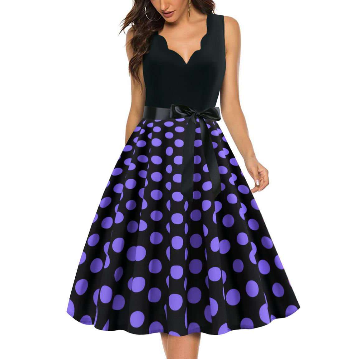 

GMXIA Летнее модное женское платье в стиле ретро с волнистым V-образным вырезом и средней линией талии с принтом в горошек XXL