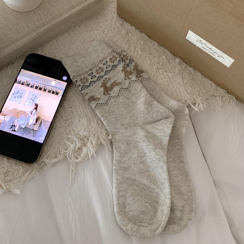

Женские осенние новые винтажные хлопковые носки с лосем в тубе 1 pair бежевый/серый