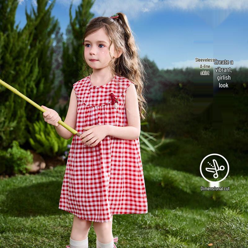 ASK JUNIOR Girls' Plaid Color-Block French Sleeveless Princess Dress