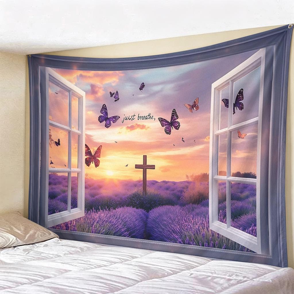 Window View Tapestry Wall Hanging, Scenic Nature Landscape Backdrop, Artificial Window Wall Decor for Bedroom Living Room