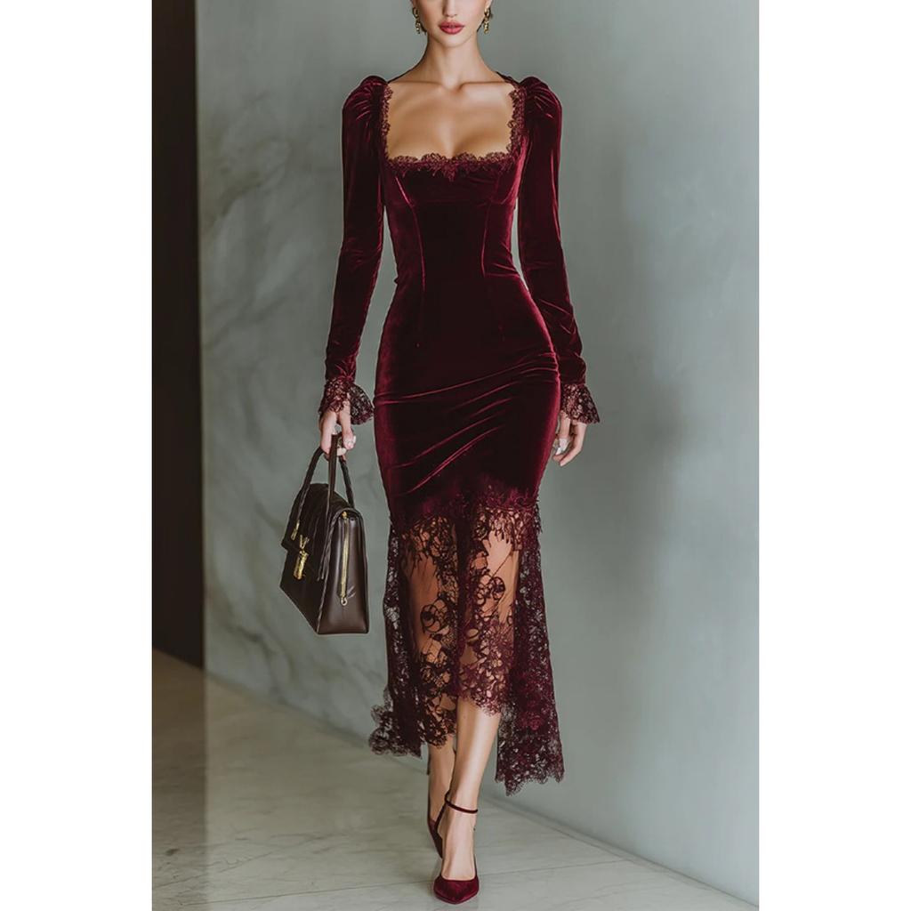 French Style Lace Patchwork Evening Party Dress for Women, Elegant Ladies Cocktail Gown for European & American, Formal Occasion Dress