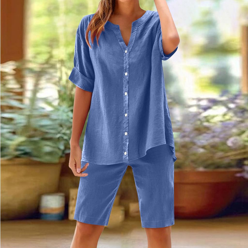Women's Casual Fashion Sexy  Short Sleeve Pullover Shirt Round Neck Literary Retro Solid Color Casual Split Suit