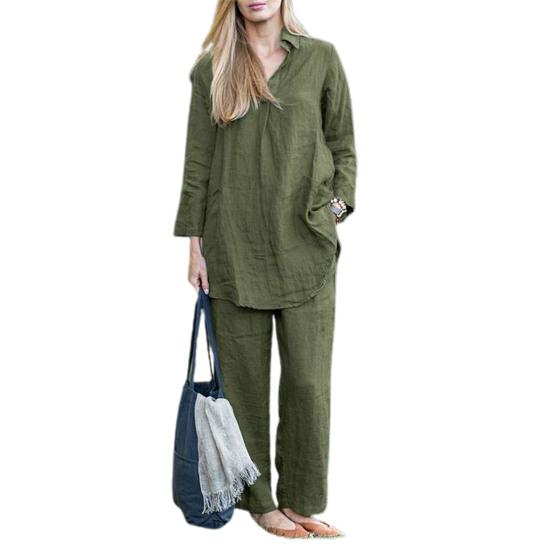 2 Pcs/Set Women Shirt Pants Set Solid Color Lapel Long Sleeve Wide