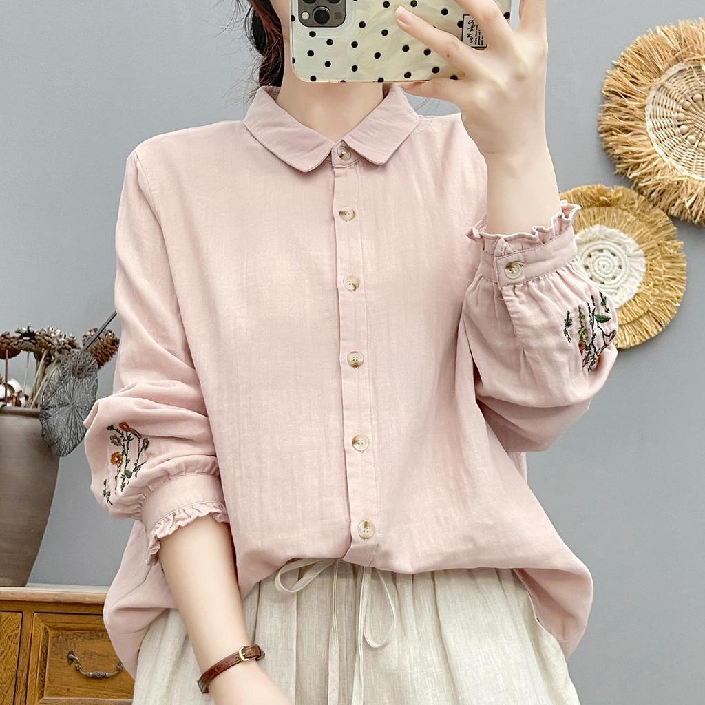 Women's Forest Style Embroidered Cotton Gauze Shirt: Long Sleeve, Soft, Breathable, Loose Fit, Slimming, Pure Cotton Top