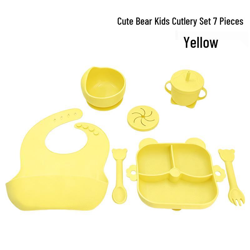 Children s Bear Silicone Plate & Utensil Set: 7-Piece Baby Feeding & Training Tableware