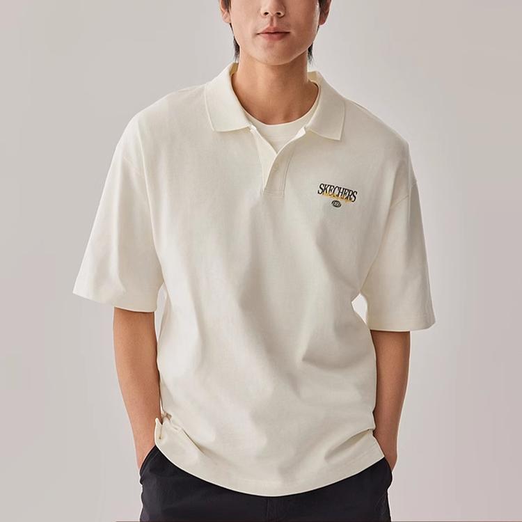 Skechers Casual Simple Letter Loose Short Sleeve Polo Shirt Men Tops Cotton-Candy-White L225M086-0074