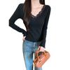 Lace Splicing V-neck Long-sleeved T-shirt Women's Autumn and Winter Bottoming Shirt Design Sense Chic Pure Desire Wind Slim and Thin Top Spring