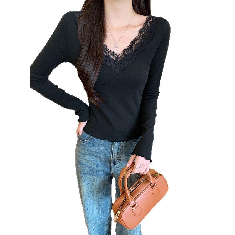 Lace Splicing V-neck Long-sleeved T-shirt Women's Autumn and Winter Bottoming Shirt Design Sense Chic Pure Desire Wind Slim and Thin Top Spring