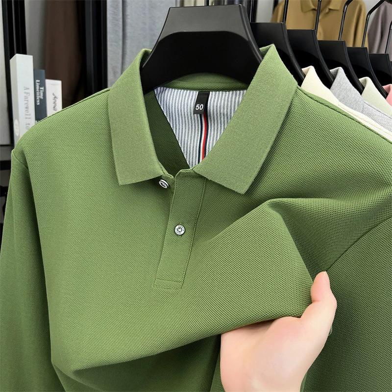 Spring Summer Men's Solid Color Cotton Polo Shirt - Long Sleeve Casual Top