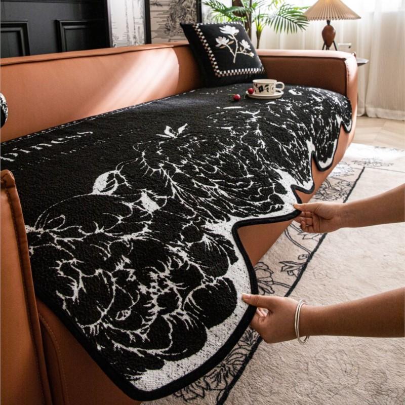 Non-Slip Couch Slipcover Protector Universal Irregularity Sofa Cushion European Style Retro  Black White Flowers Sofa Cover
