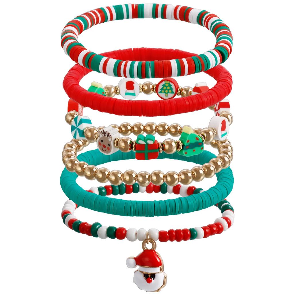 Y2K Polymer Clay Stackable Bracelet Set For Women Santa Claus Tree Elk Deer Snowflake Charm Beaded Bangle Christmas Jewelry