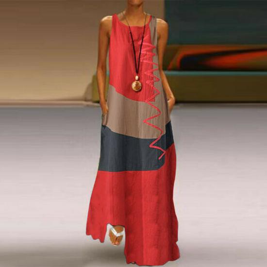 New Women's Retro V-Neck Sleeveless Printed Summer Dress with Pockets, Style 9333