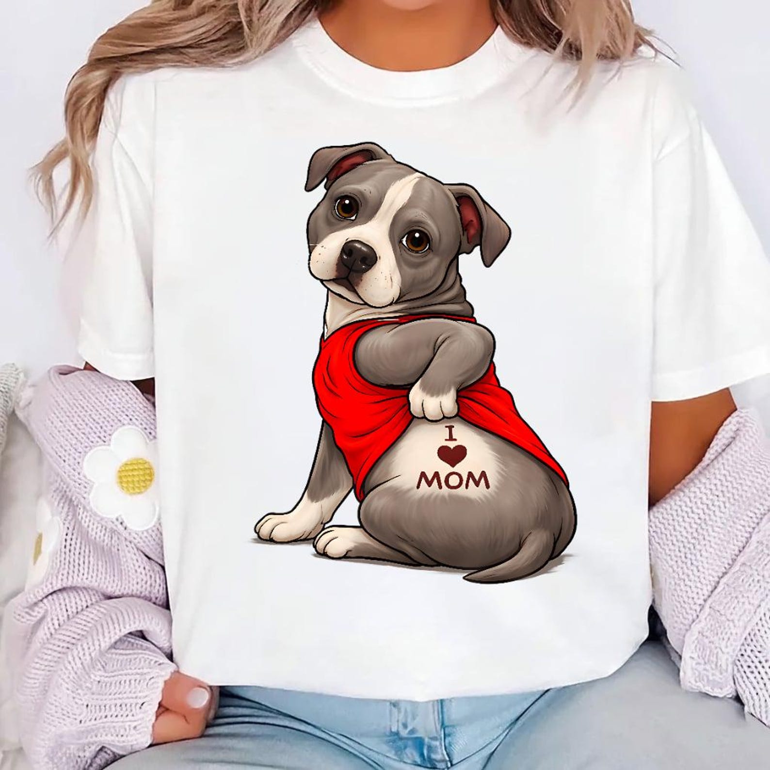 Tattooed Pitbull Shirt, Pit Bull Terrier I Love Mom Tee, Dog Lover Gift S
