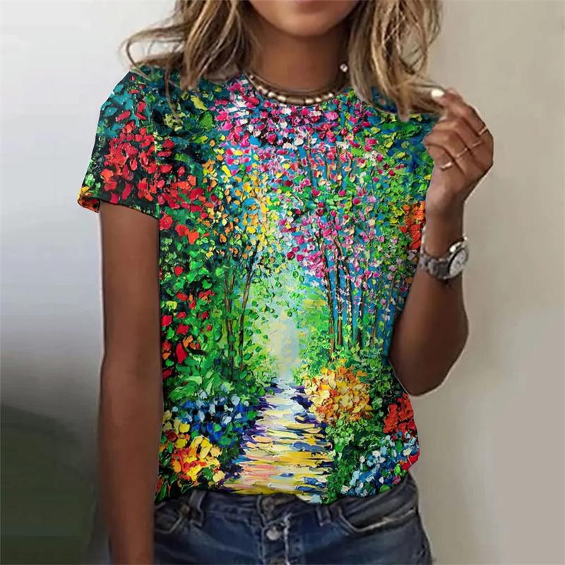 

2024 Модные футболки с масляной живописью Модные футболки с цветочным принтом Футболки с цветочными растениями Летняя одежда Базовые женские топы большого размера 6XL