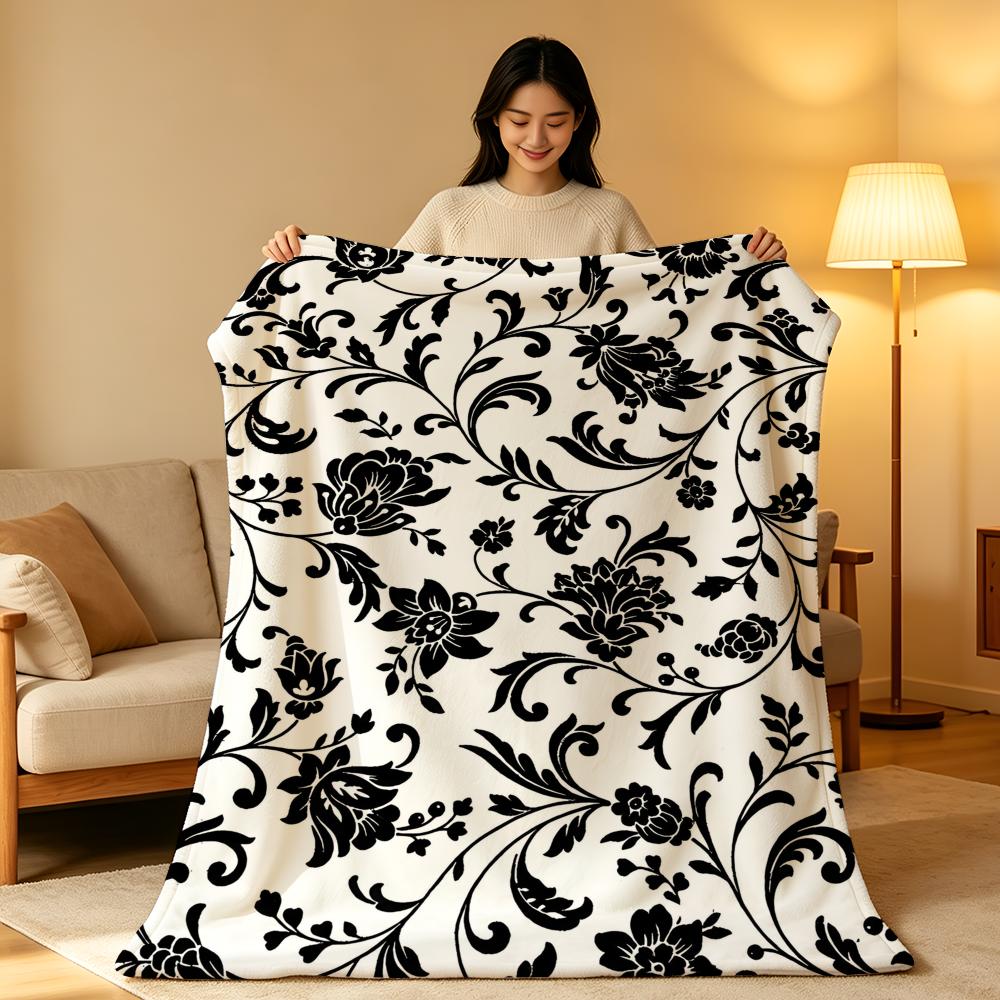Art B-Black a-and W-White Floral Throw High-Density Short Plush Blanket Soft Skin-Friendly for Sofa Nap Air-Conditioned Room