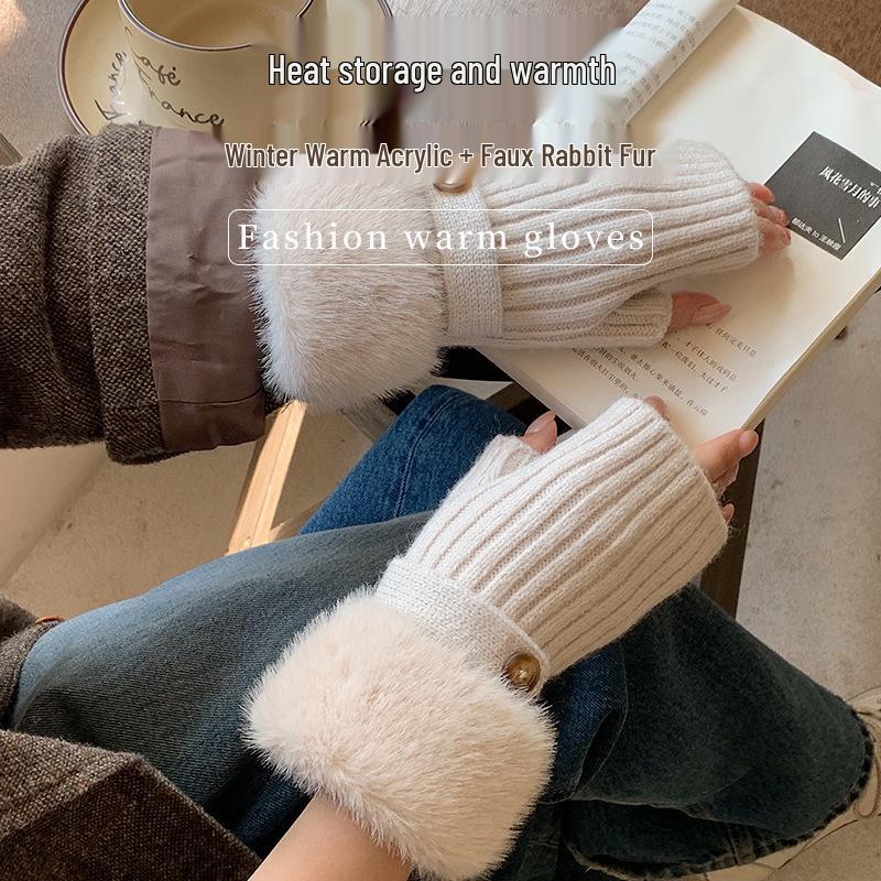 Women's Fluffy Winter Knit Gloves – Touchscreen, Half-Finger, Warm for Cycling
