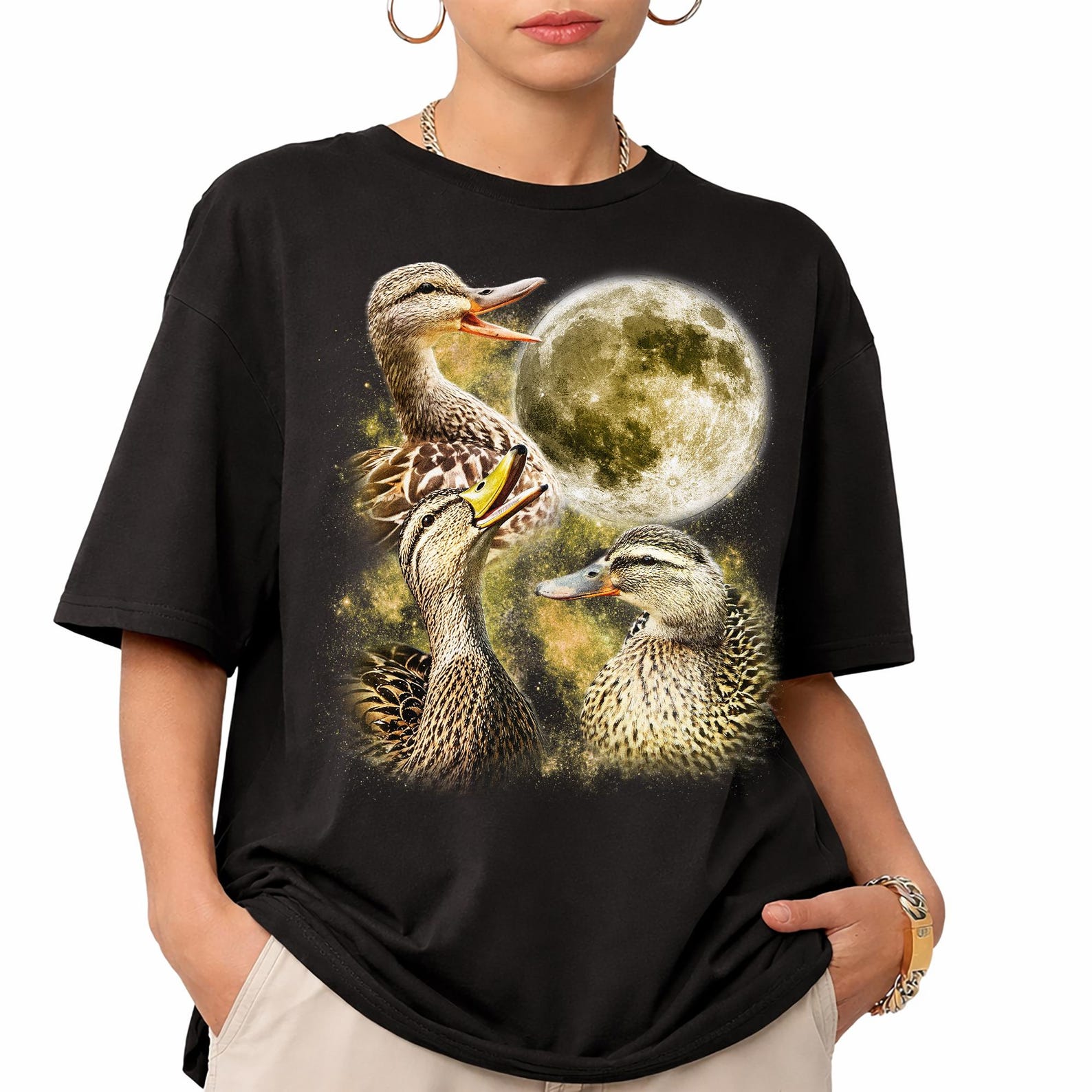 Mallard Ducks Moon Graphic Tee, Retro Waterfowl Birdwatcher Shirt XL