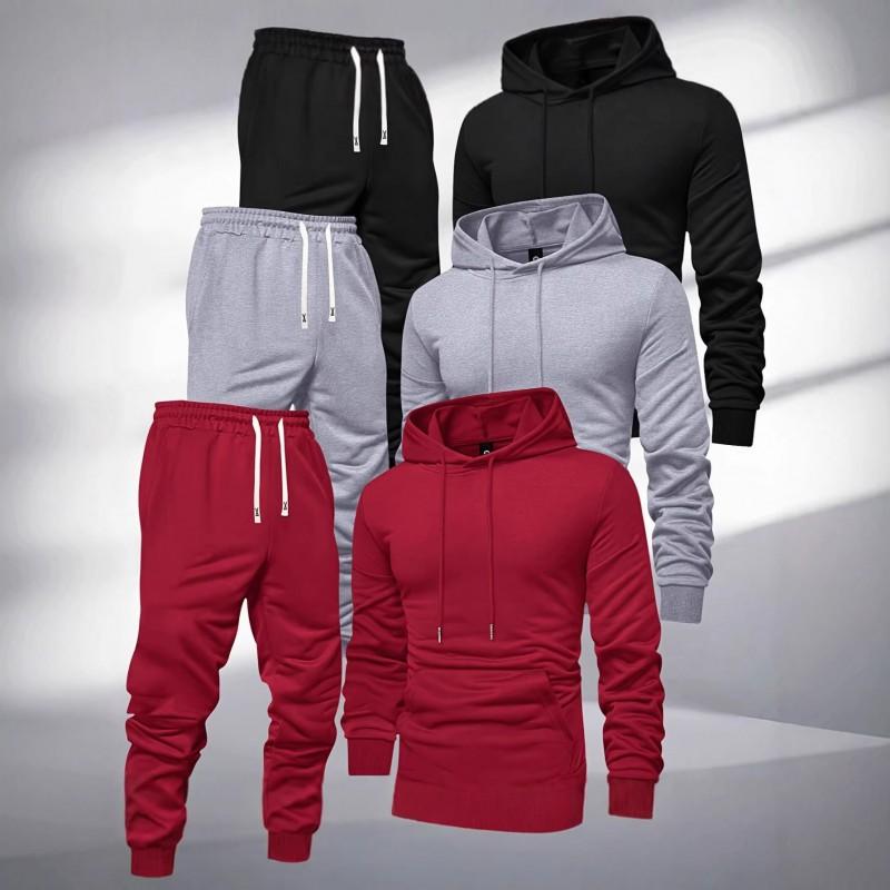 Mens Hooded Sweatshirt Tracksuit 3 Piece Set Casual Sporty Slim Fit Solid Color