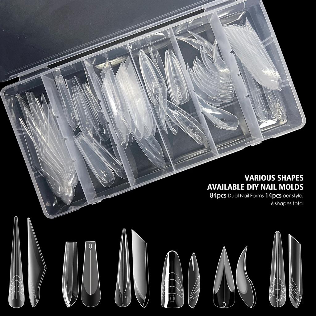 6-in-1 Clear Nail Dual Forms Full Cover Poly Extension Gel Nail Mold Curved Stiletto Acrylic Nail Top Forms Manicure Tools 84pcs