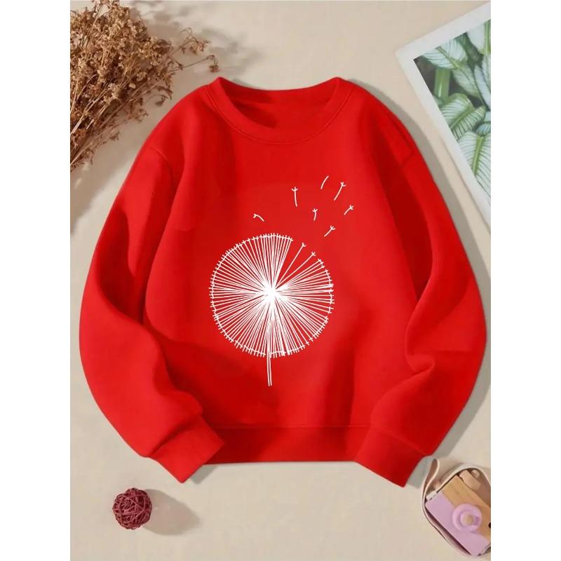 Kids Unisex Crewneck Sweatshirt, Minimalist Black Line Art Blowing Dandelion Print Soft Fleece Pullover For Kids Over 4 Years Old