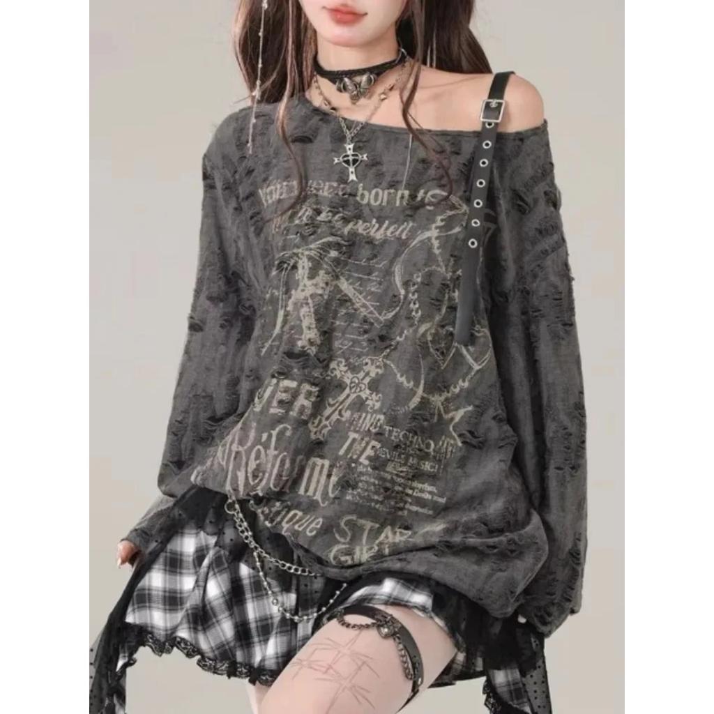 VAYLA Y2k Gothic Grunge Dark Hollow Out T Shirt Women Harajuku Hollow Out Off Shoulder Sexy Tees Punk Letter Print Tops New