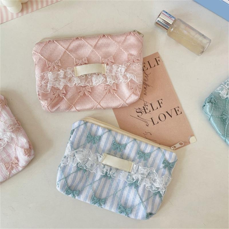 Elegant Floral Lace Trimmed Wallet Small Storage Bag Polyester Stylish Lightweight Carryall For Coin Accessories