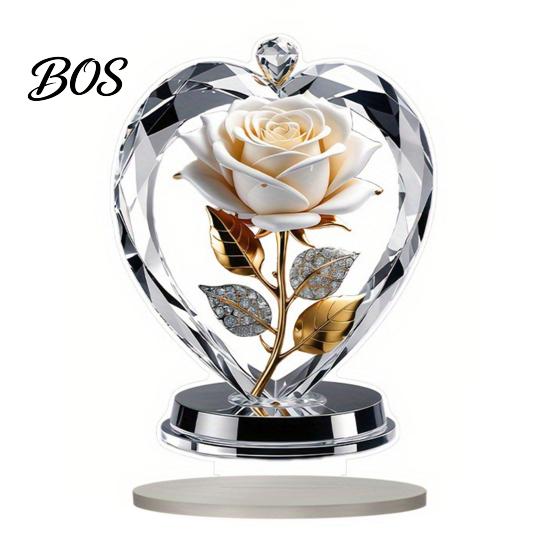 Crystal Rose Ornament Acrylic Ornament, 2D Flat Flower Decoration with Base, Table Art Centerpiece Romantic Desktop Decor for Home Shelf Cabinet