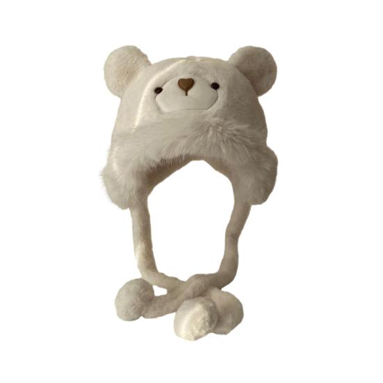 Women Hat Solid Color Thickened Plush Bear Warm Hat