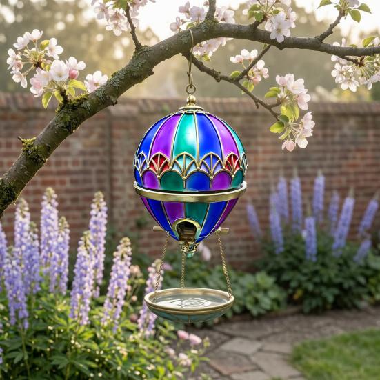 Bird Food Dispenser with Water Basin Hot Air Balloon Feeder, Retro Stained Glass Art Feeder Feeding Station Tray, Hanging Bath for Outdoor Garden