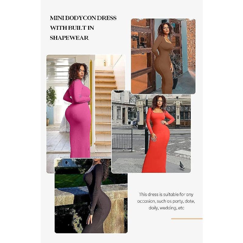 Women S Modal Ribbed Long Sleeve U Neck Shapewear Maxi Dress Tummy Control Butt Lifting Bodycon Long Dress