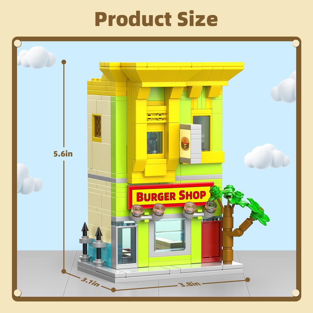 Non-Toxic New Burger Shop City Street View Building Blocks Toys 342Pcs Small Particle Building Blocks Educational Toys For Kids Gifts