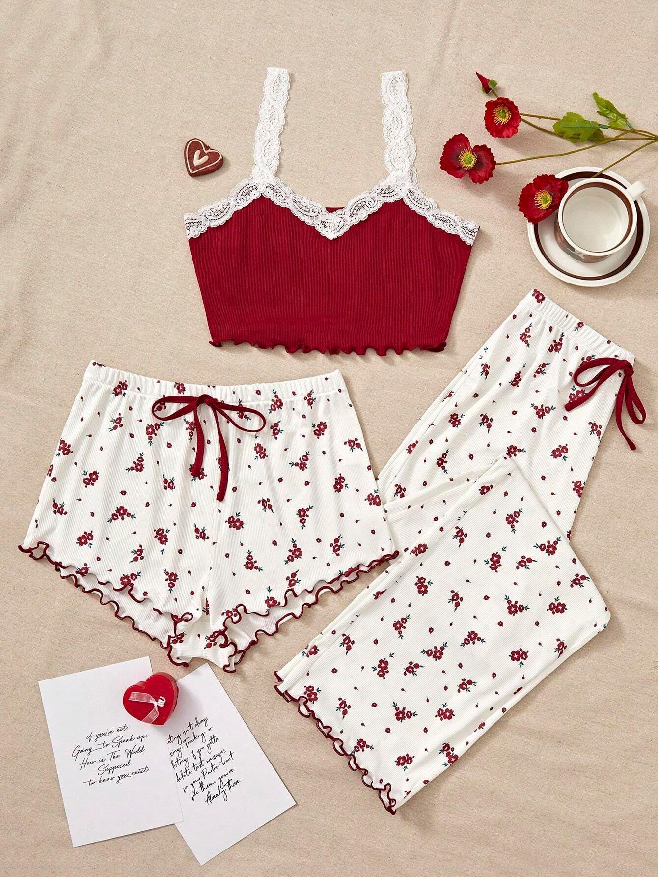 

Women’s Summer Floral Pajama Set Sexy Lace Cami Three-Piece Sleepwear Set with Short and Long Pants Cute Loungewear XL бордовий