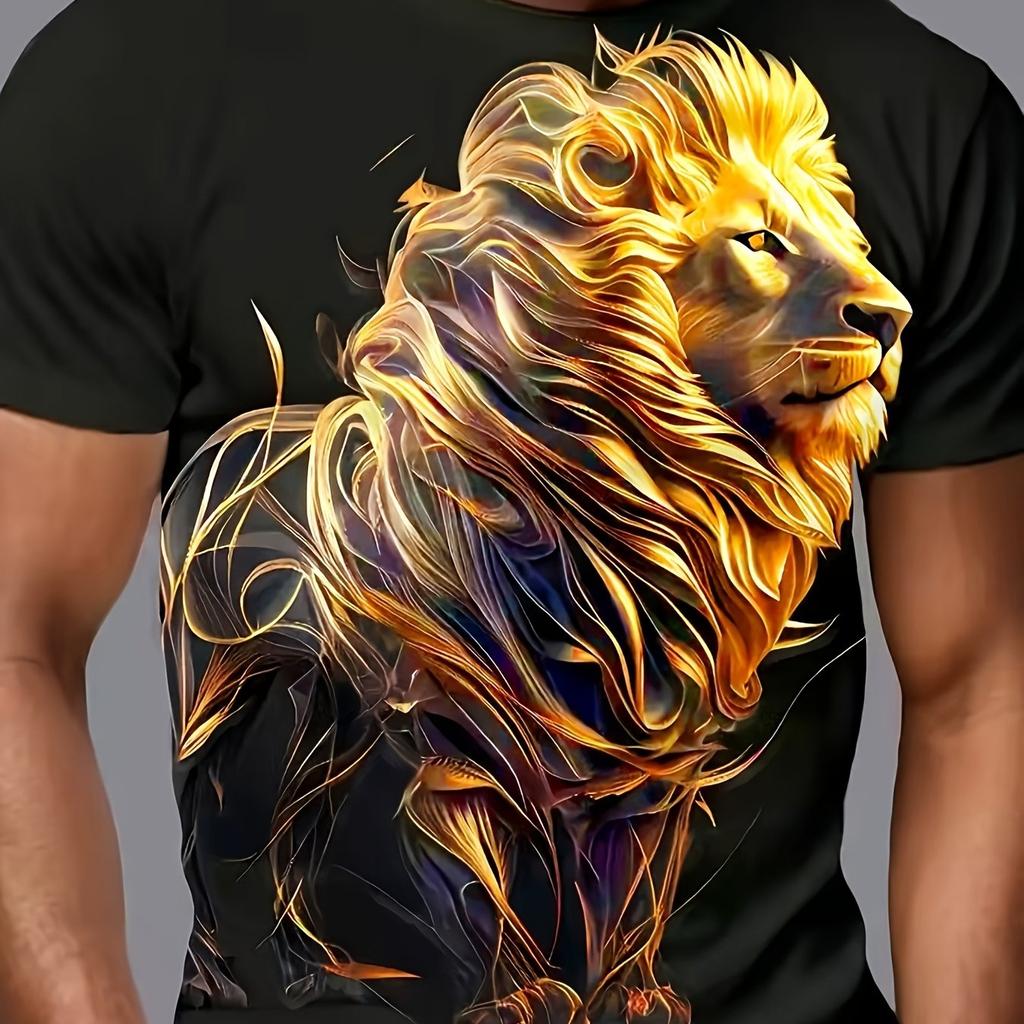 Men's 3D Embossed Lion Head Print T-Shirt Metallic Texture Wild Animal Luxury Crew Neck Top