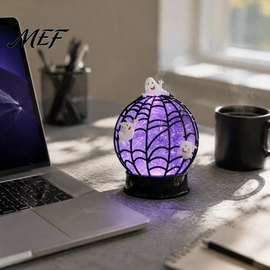 LED Glitter Sphere Lamp Halloween Ghost Ball Lamp, Glowing Spiderweb Faux Crystal Light, Night Purple Glow Spider for Holiday Party Table Decoration