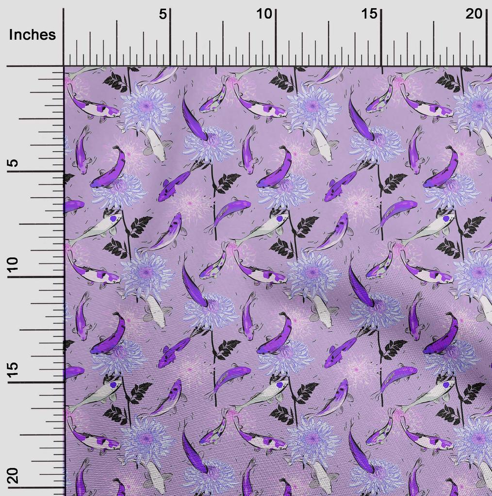 oneOone Cotton Flex Dusty Purple Fabric Asian Japanese Koi Fish with Floral Sewing Fabric by The Yard Printed DIY Clothing Sewing Supplies 40 Inch