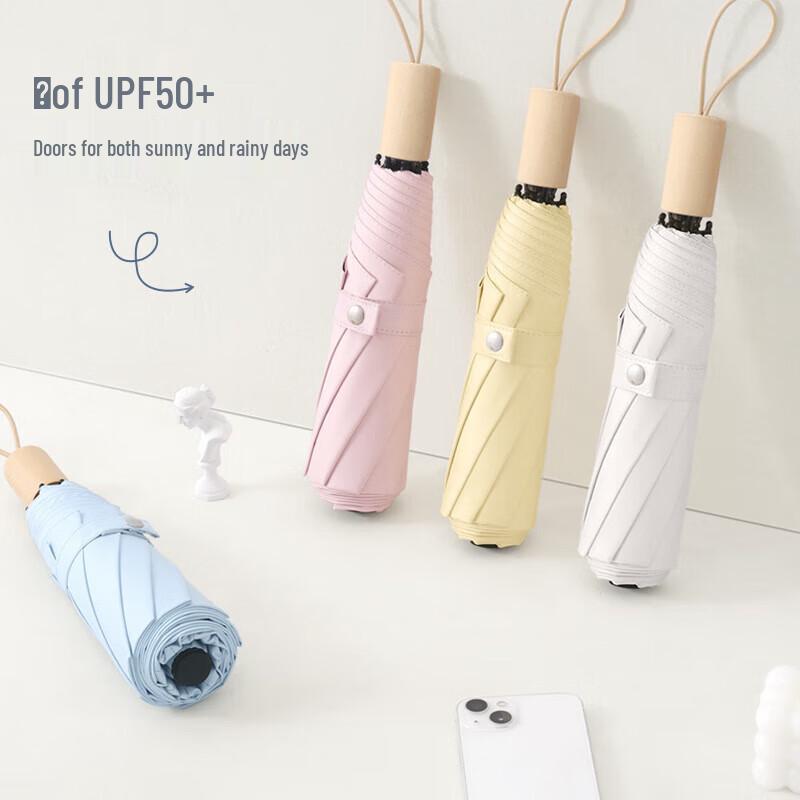 Xu Qing UV Protection Three-Fold Umbrella with Wood Handle