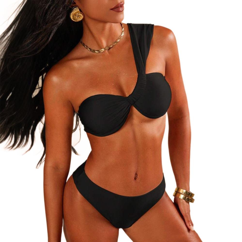 European And American Fashion Single Shoulder Solid Color Split Bikini Two-Piece Swimsuit Female Sexy Backless Bikini Swimsuit