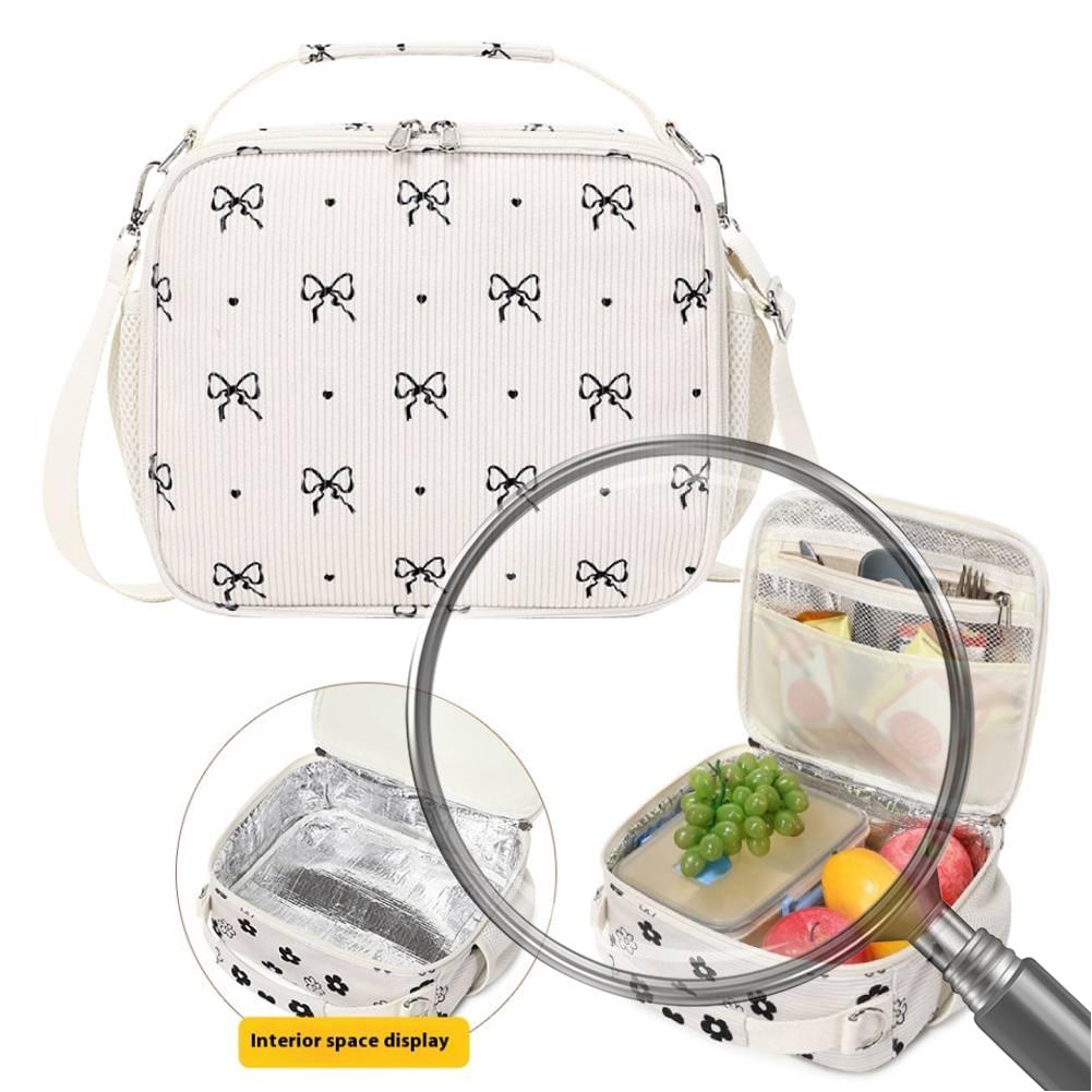 Corduroy Insulated Lunch Bags Floral Printed School Cooler Bags Insulation Lunch Box for Picnic School Work Travel
